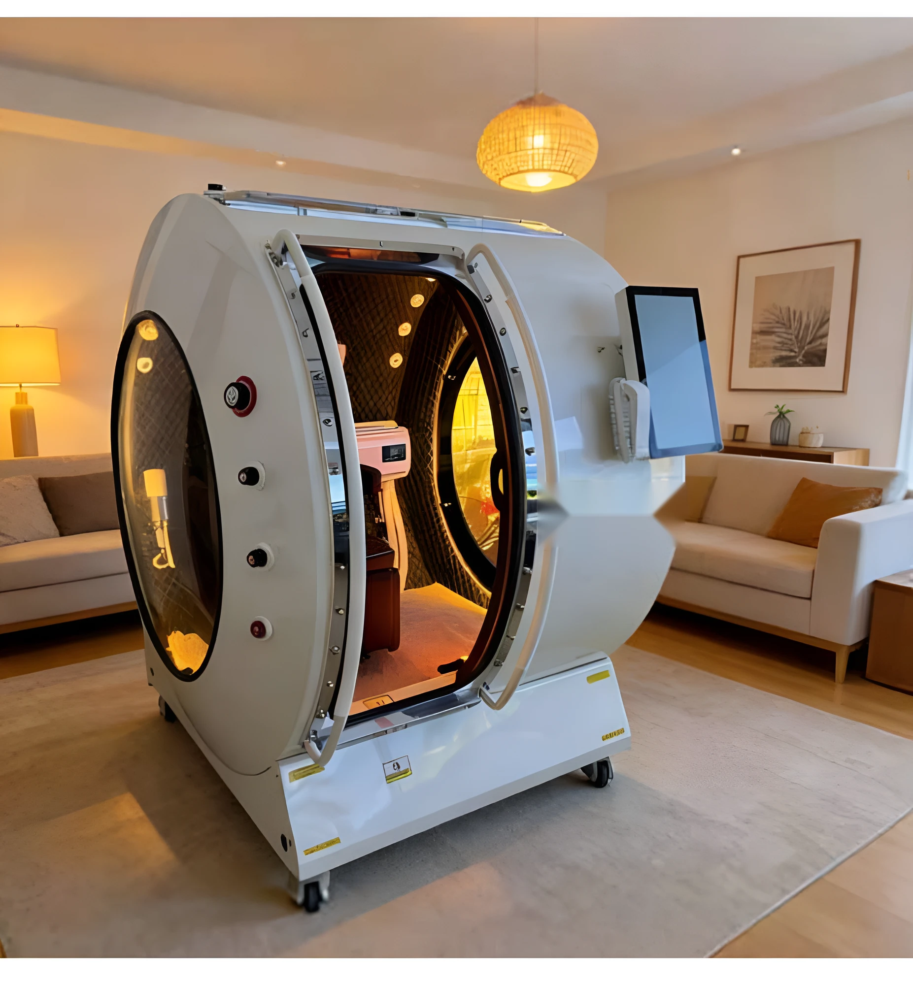 A single-occupant hyperbaric chamber installed in a private residence